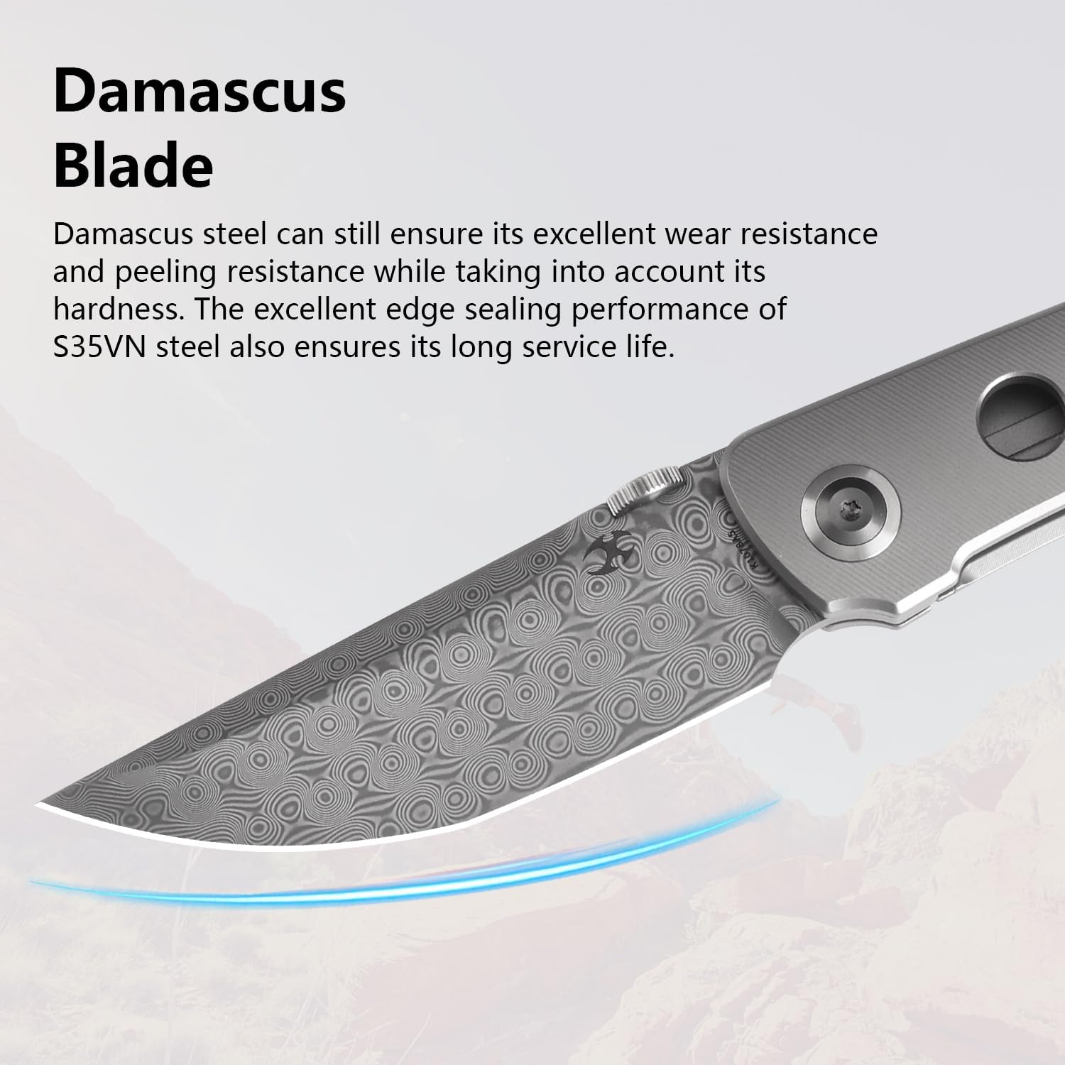 KANSEPT Tarkin Camping Pocket Knives for Men 7.87in Folding Pocket Knives with 3.42in Damascus Material and Bead Blasted Titanium with Holes Handle for Outdoor, Tactical, Survival K1078A5