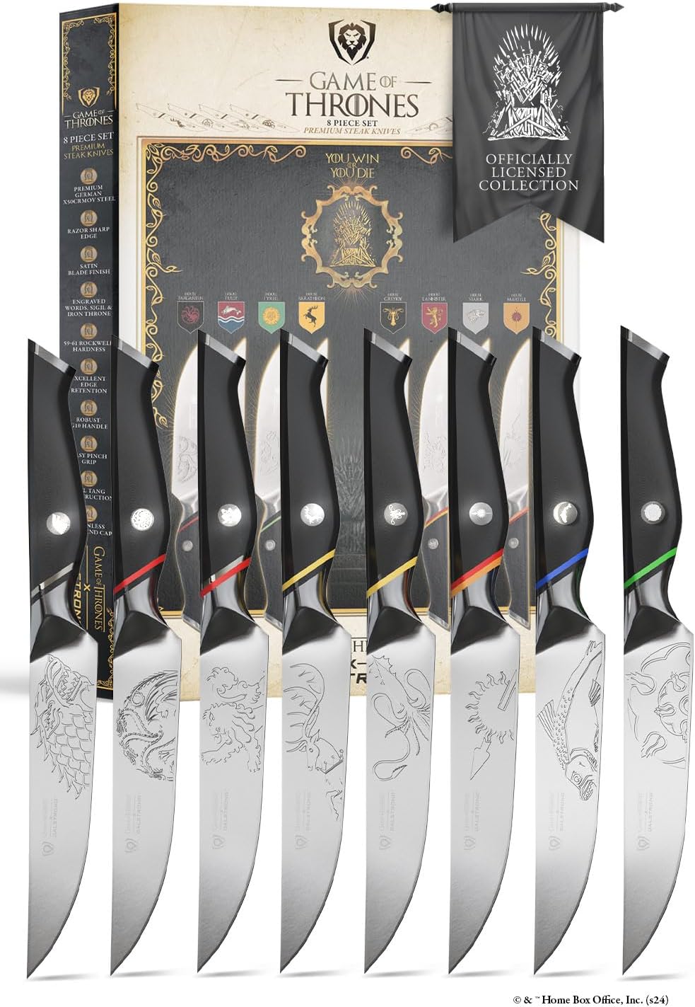 Dalstrong Steak Knife Set-8pc Set-5'- Game of Thrones™ Knife -German Premium Steel Full Tang-Professional G10 Handle-Collection Item Steak Cutting Knife