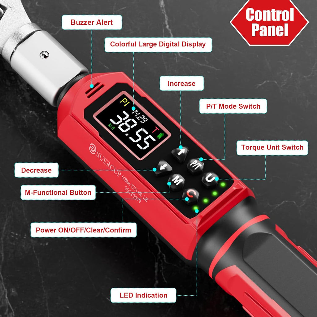 SUERCUP 9x12 mm Adjustable Digital Torque Wrench, 0.66-44.29Ft.Lb/0.9-60N.m | Interchangeable Open End Head 42mm Jaw & 3/8' Ratchet, Vibration/Buzzer/LED Alert, for Split AC, HVAC, Bike & Moto Repair