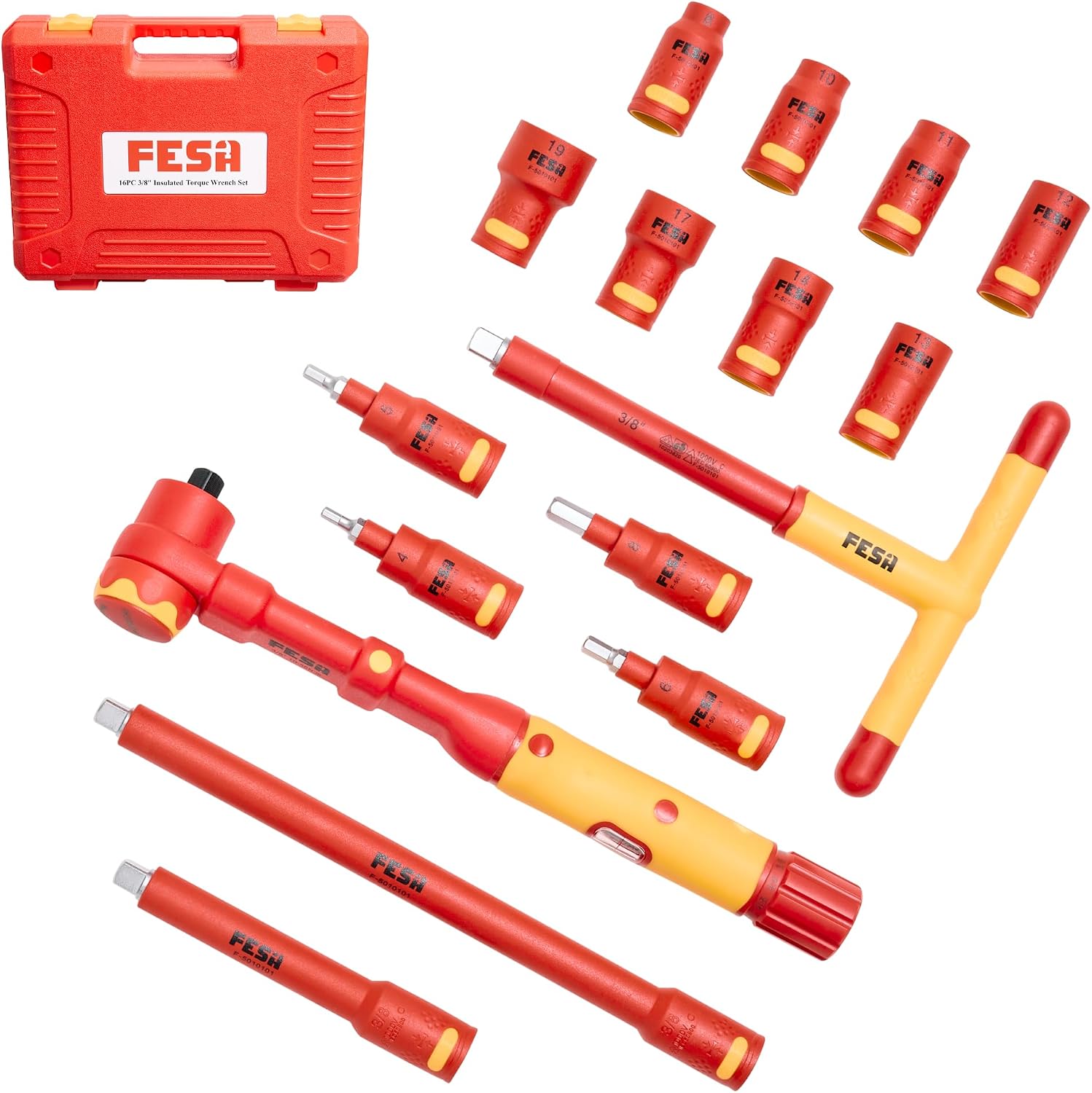 FESA Insulated Torque Socket Set - 16-Piece 1000V Insulated Tool Set w/ 3/8' Drive Insulated Torque Wrench (10-50 Nm), 8 Metric Sockets, 4 Hex Bit Sockets, 2 Extension Bars, T-Handle & Protective Case