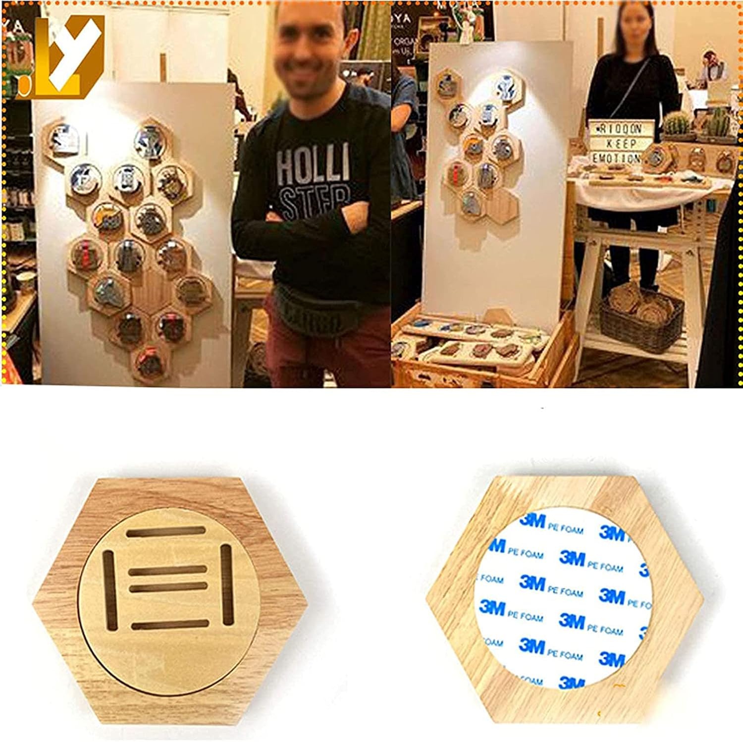 Hexagonal Medal Display Frame 24Pcs/Set Wood Medal Hanger Display Box Punch-Free Creative Stitching Sports Medal Holder, for Military/War/Sports Medal,18PCS