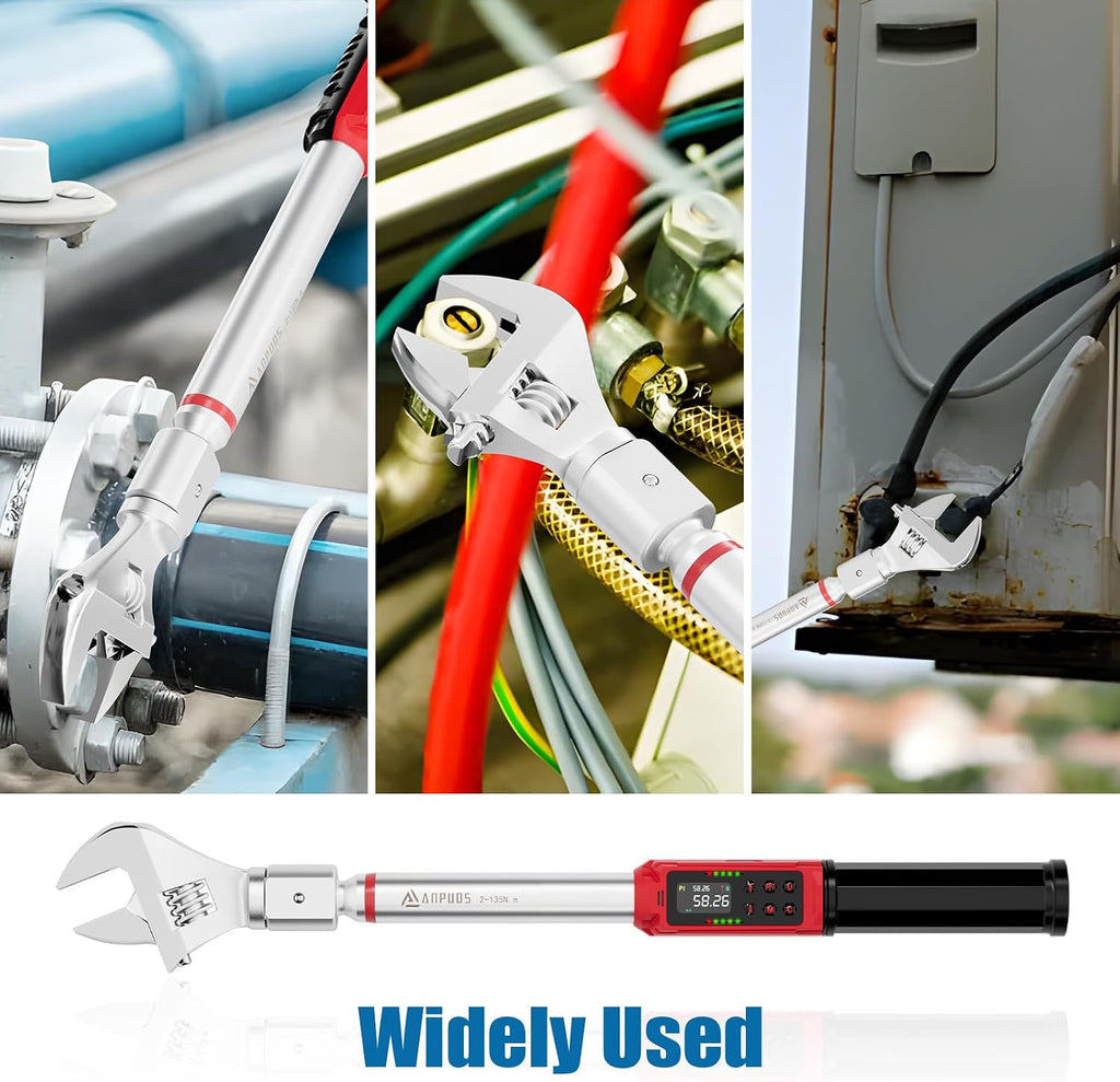 ANPUDS Adjustable Digital Torque Wrench, 1.5-99.6 Ft.lb, ±1% Accuracy | 2-135Nm, 45mm Jaw & 1/2' Ratchet, 14×18mm Open End, Vibration, Buzzer, LED Indicator for HVAC, Split AC, Motorcycle, Plumbing