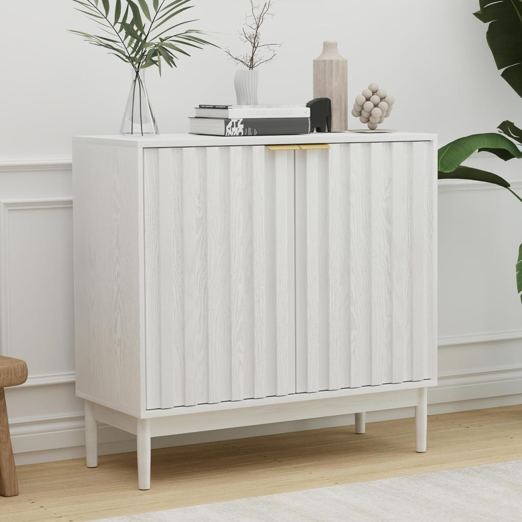 Otterease Fluted Cabinet with Storage, Buffet Cabinet Sideboard with Door, Kitchen Buffet Storage Accent Cabinets with Adjustable Shelves for Living Room, Entry, Hallway, White