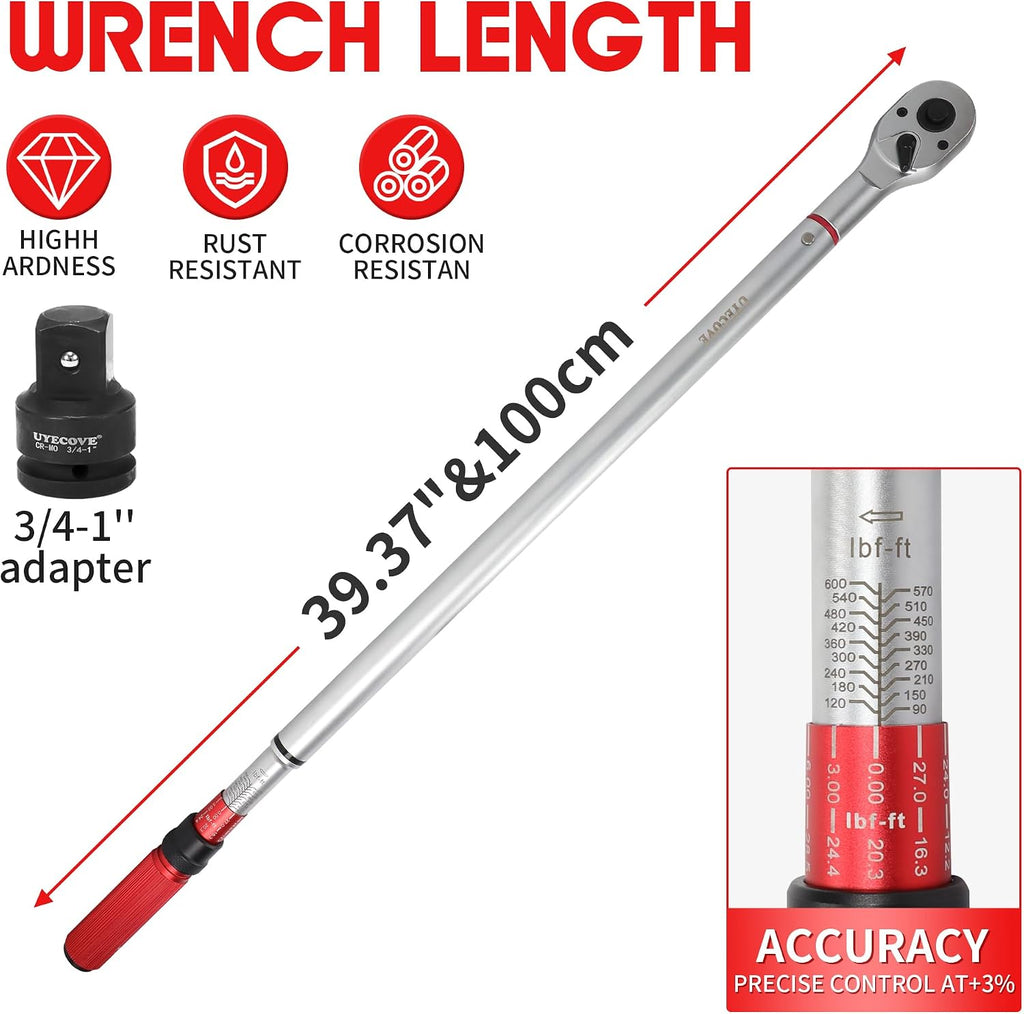 3/4 Inch Torque Wrench, 48 Tooth Torque Wrench 3/4 Drive 100-600FT.LB/135-815N.M with a Solid Storage Case