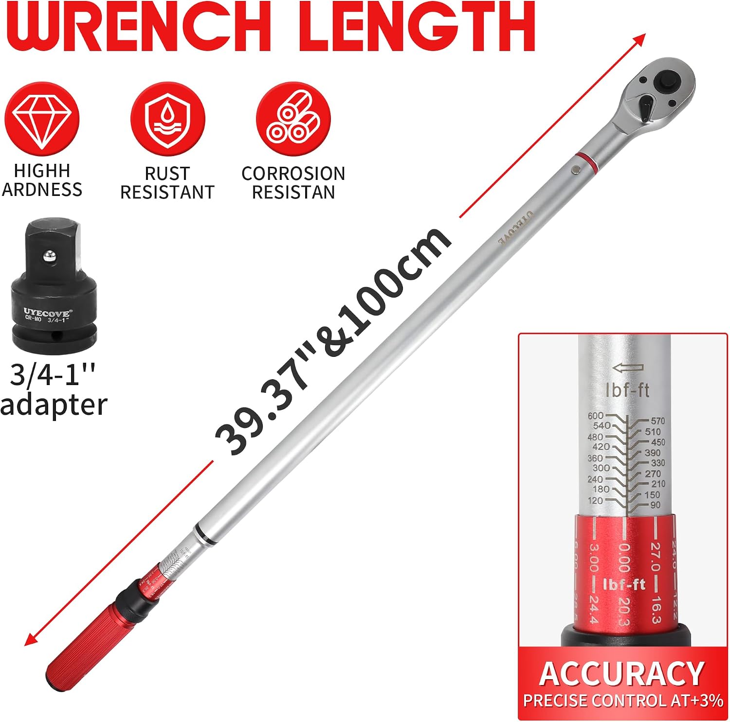 3/4 Inch Torque Wrench, 48 Tooth Torque Wrench 3/4 Drive 100-600FT.LB/135-815N.M with a Solid Storage Case
