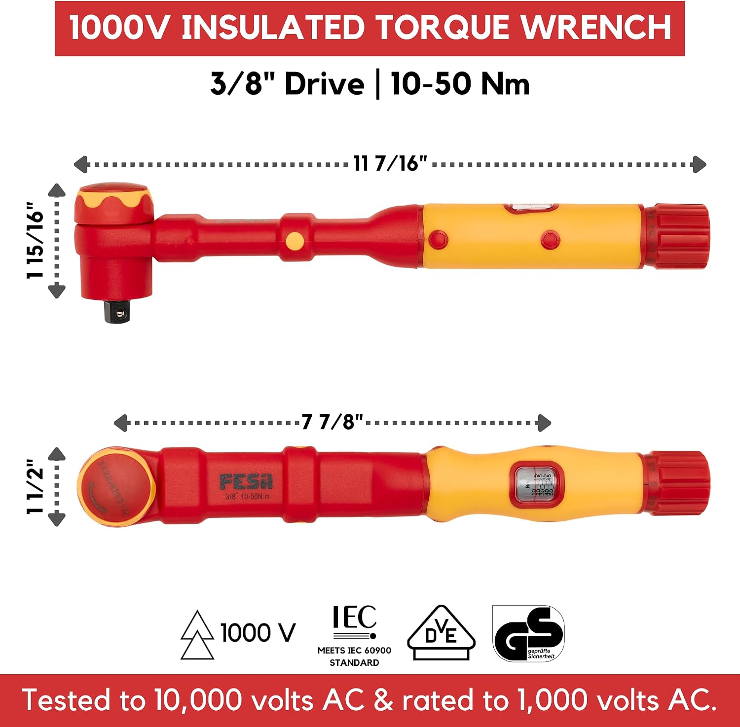 FESA Electrician Insulated Torque Wrench - 1000V Electrician Torque Wrench w/Easy Torque Adjustment & Scale Display - Each Insulated Wrench Has ID for Traceability (3/8' Drive, 10-50 Nm Range)
