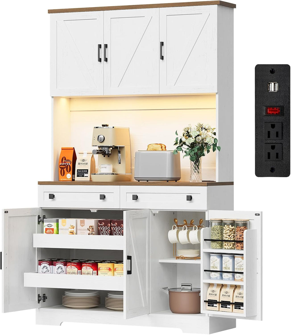 ELYKEN 71' Kitchen Pantry Cabinet with Charging Station & LED Lights, Tall Kitchen Storage Cabinet with Hutch, Farmhouse Pantry with Door Shelf & Pull Out Shelf for Dining Room Kitchen, White