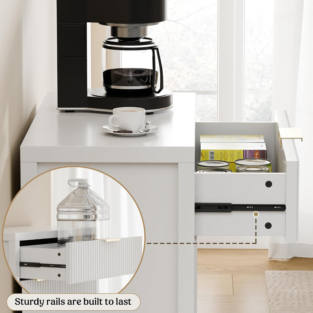 Lulive White Fluted Storage Cabinet with Drawers Buffet Sideboard Cabinet with Adjustable Shelves for Kitchen Living Room, Kitchen, Entryway