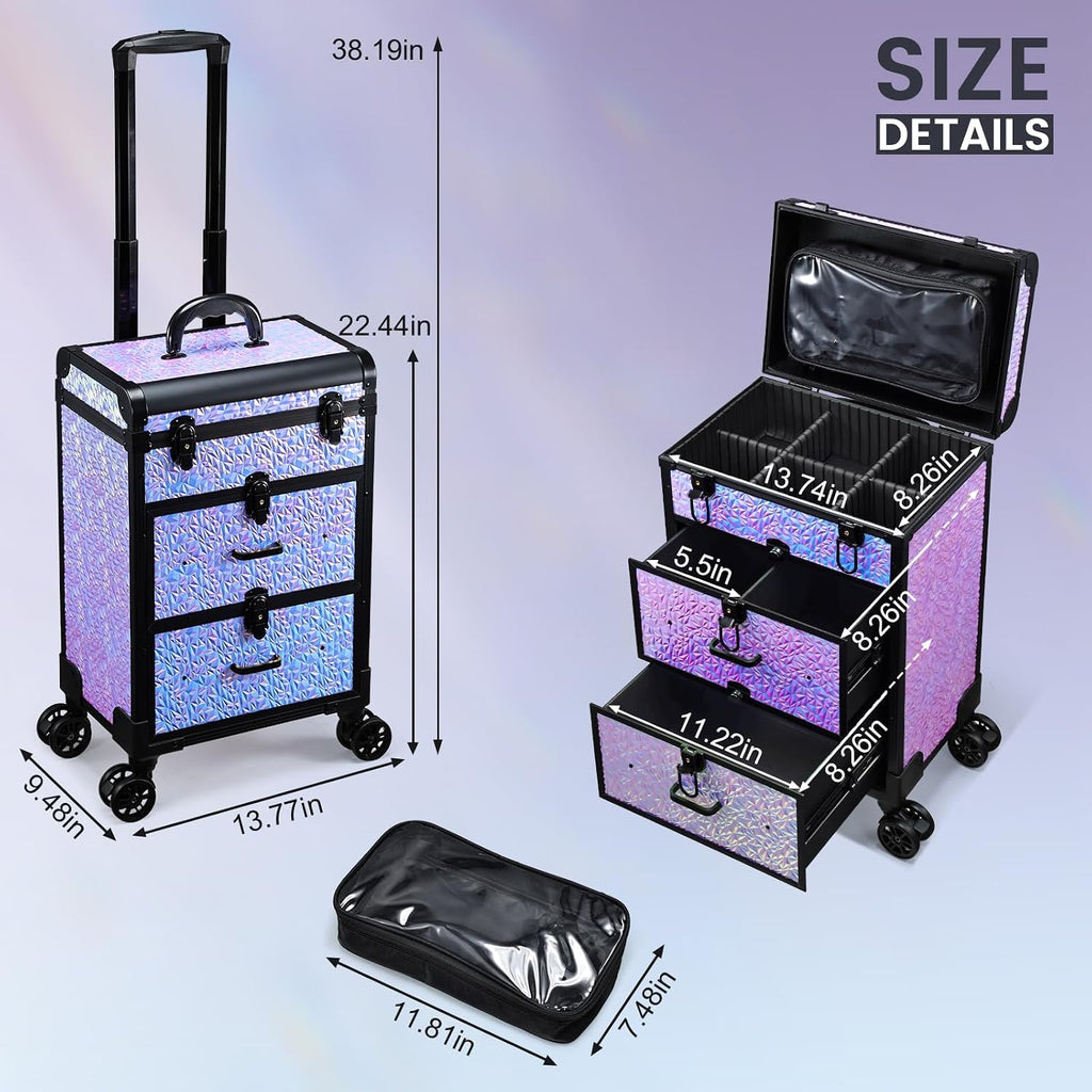Professional Rolling Makeup Train Case with Drawers, Large Cosmetic Trolley with Locks, Cosmetics Storage Organizer Make up Case for Travel Makeup/Nail Art/Hair Styling, Shiny Pink
