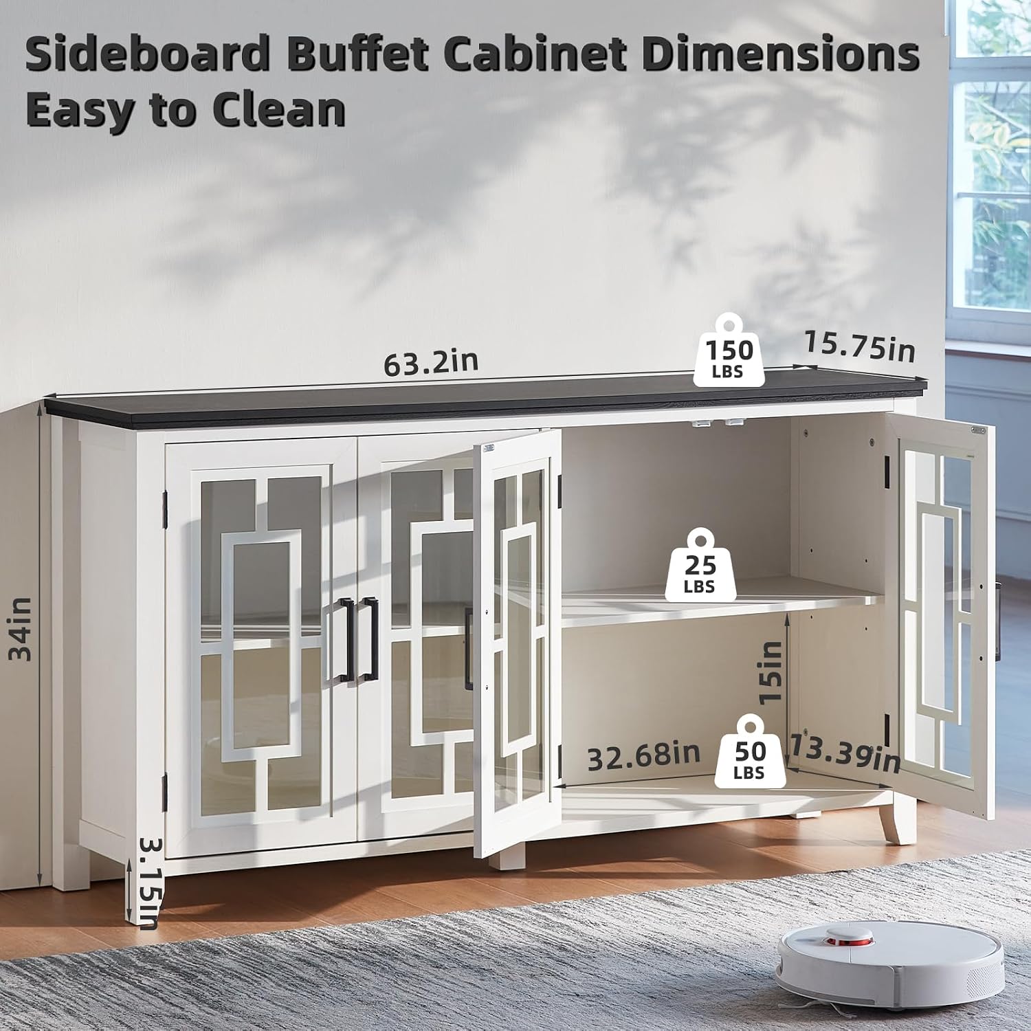 Joaxswe Large Sideboard Buffet Cabinet with Storage, 63' Farmhouse White Kitchen Coffee Wine Bar Cabinet with 4 Glass Doors, Wood Mid Century Modern Side Board Table for Dining Room, Living Room