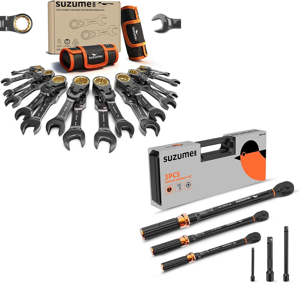 SUZUME 3PCS Torque Wrench Set & Flex Head Stubby Ratcheting Wrench Set
