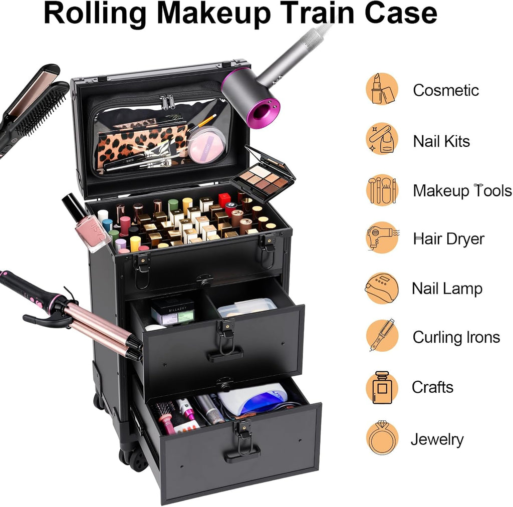 3 in 1 Rolling Makeup Case, Professional Cosmetology Case on Wheels with 2 Drawers, Ideal Gift for Hairstylist, Nail Techs, 3 Tiers Portable Beauty Organizer Case for Travel or Salon Use, Black