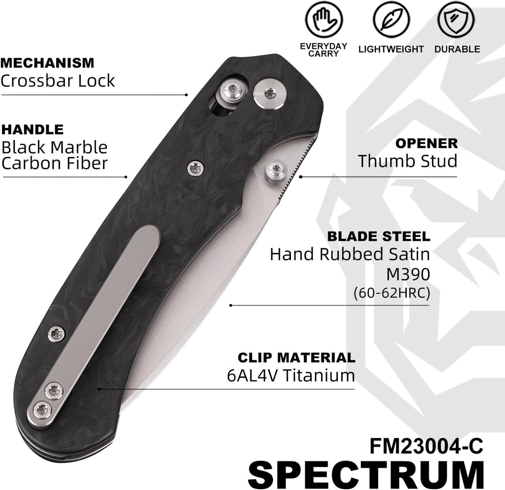 Folding Pocket Knife, 3.31'' M390 Blade, Erogonomic Titanium Handle, Pocket Knife for Men, EDC Knife for Hunting, Outdoor Survival Fishing Hiking Camping Knives (Black&Grey)