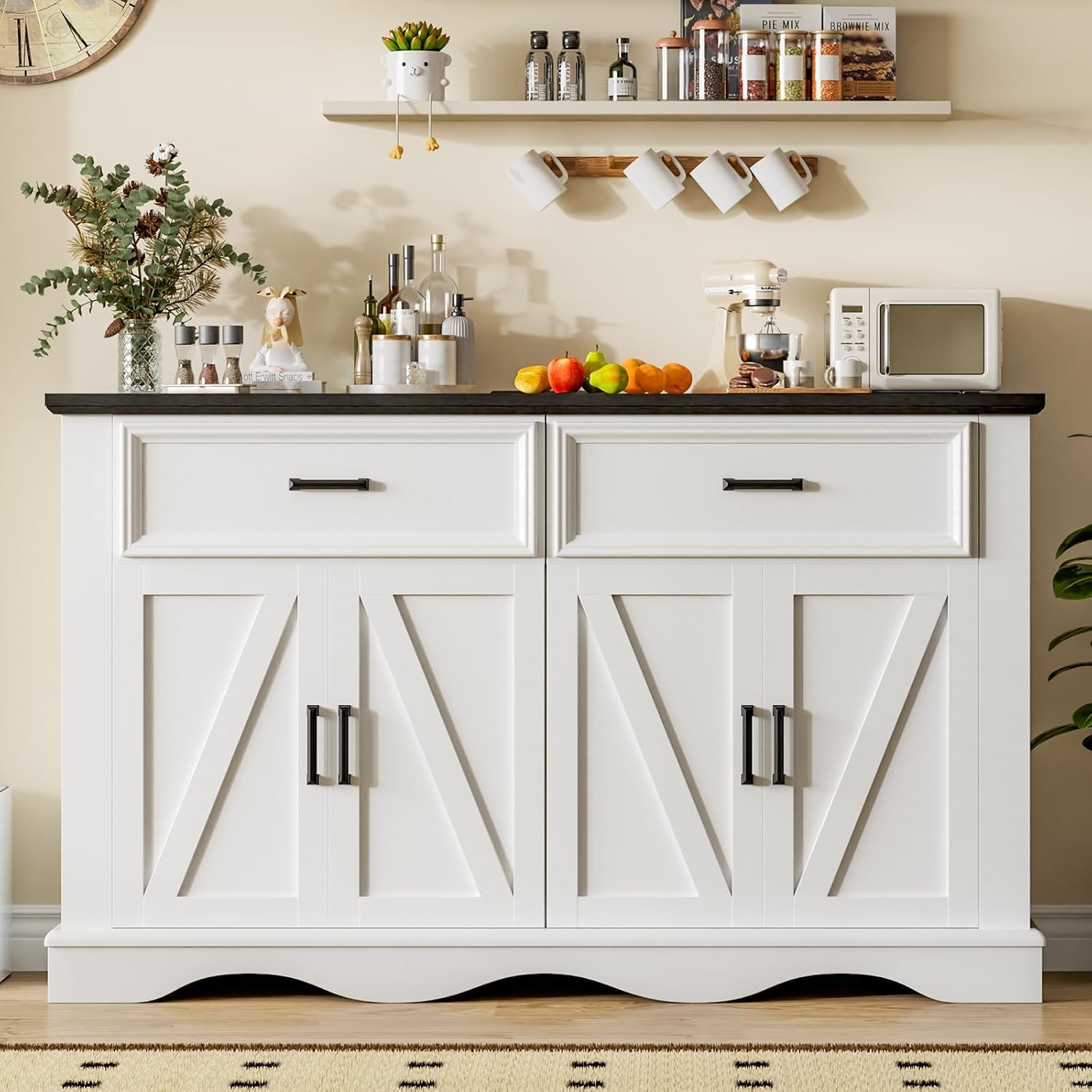 56' Modern Farmhouse Sideboard Buffet Cabinet with 4 Doors and 2 Drawers, Kitchen Storage Cabinet with Adjustable Shelves, Coffee Bar with Charging Station for Living Room, White