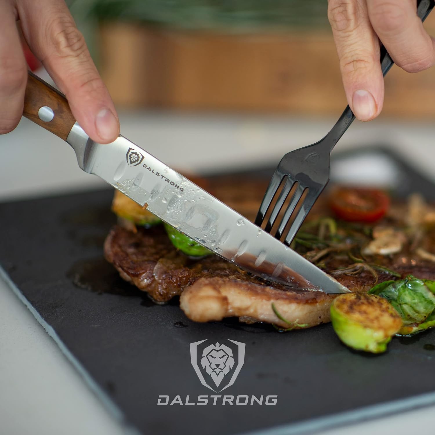 Dalstrong Non Serrated Steak Knives Set of 4-5 inch Straight Blade Steak Knife Set - Sheaths - Forged German Steel - Olive Wood G10 Handle - Gladiator Series Dinner Set - NSF Cuchillos para Carne