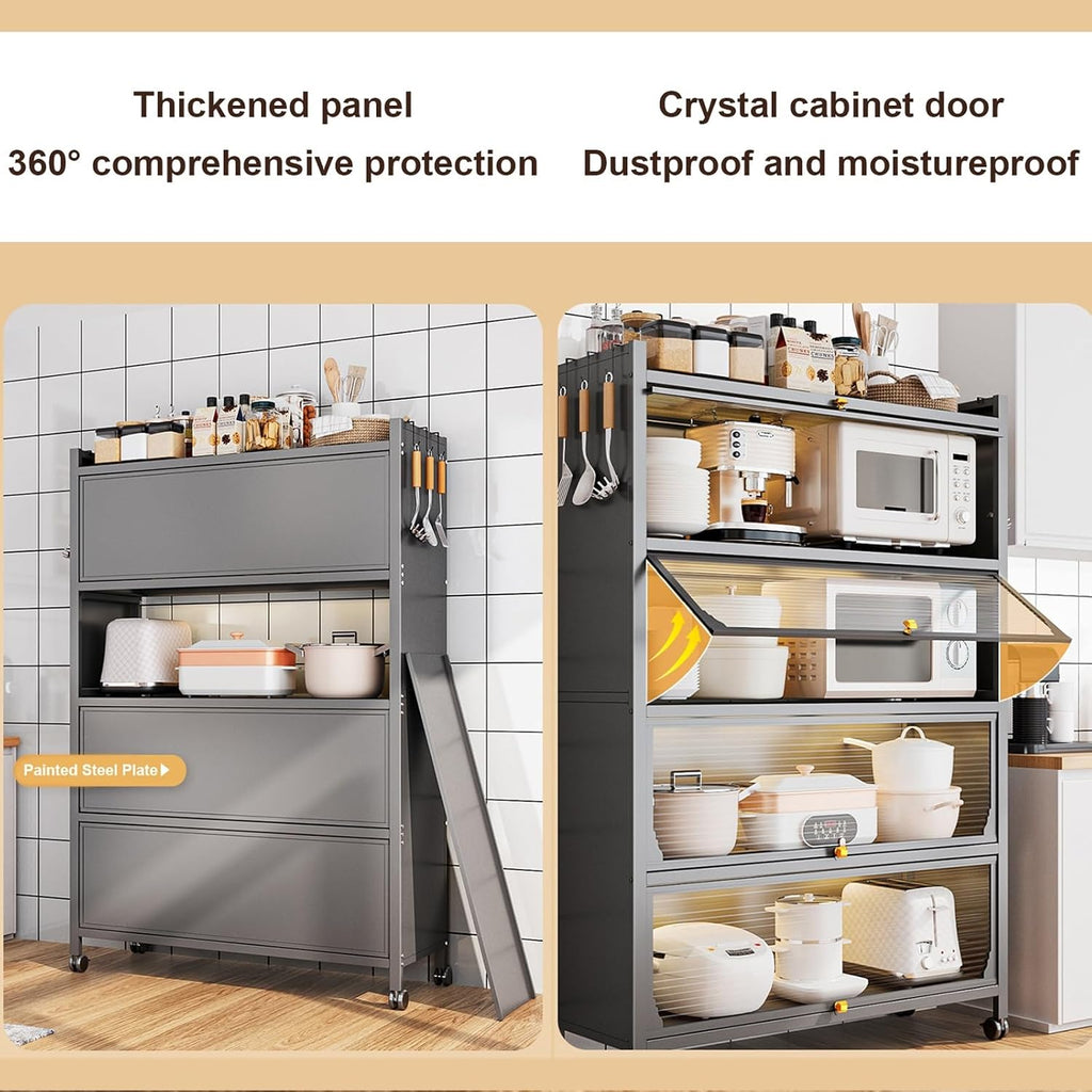 Kitchen Storage Cabinet - Versatile Bakers Rack with Microwave Shelf, Transparent Flip Door, Ideal for Kitchen, Home, Office, Pantry,White-70cm/28in