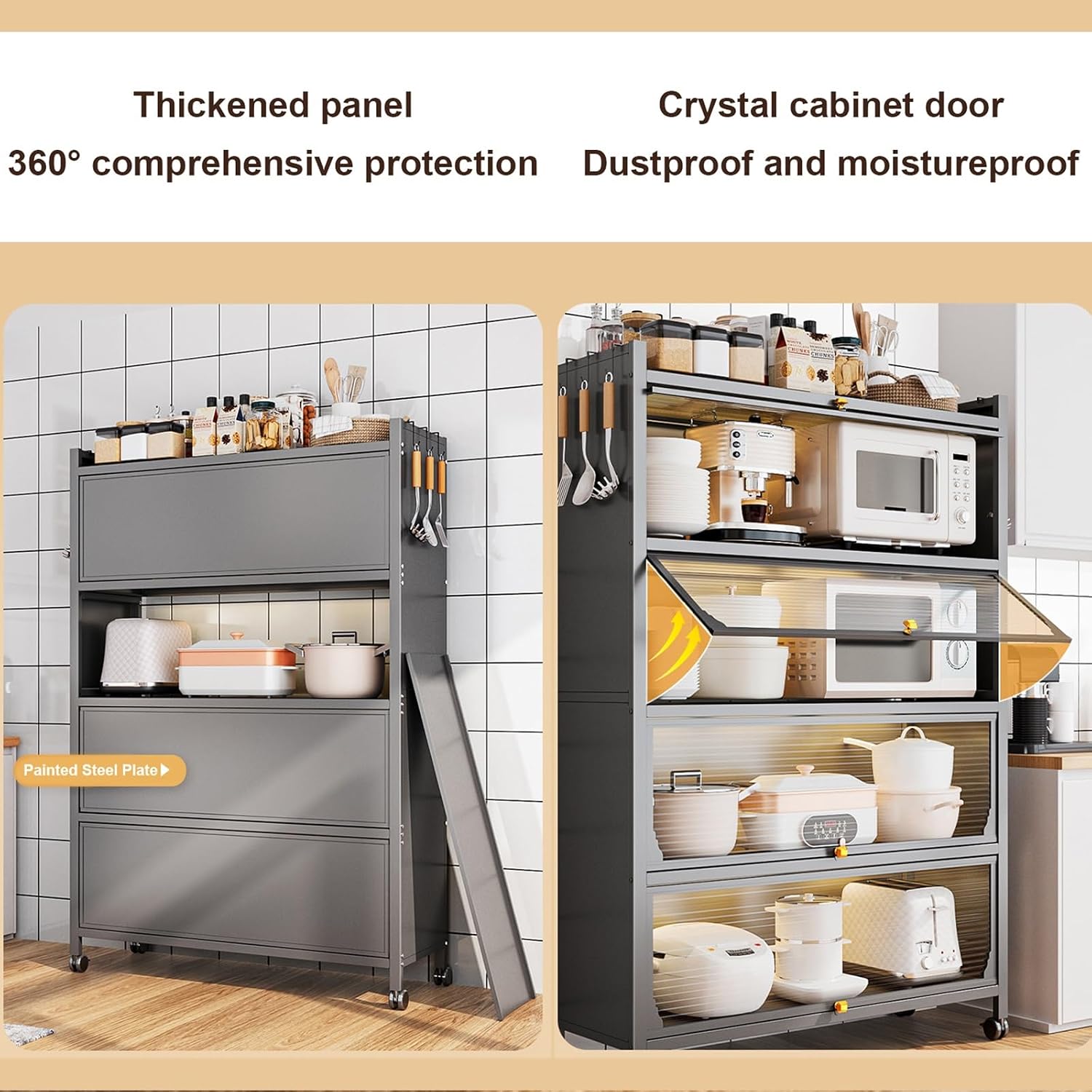 Kitchen Storage Cabinet - Versatile Bakers Rack with Microwave Shelf, Transparent Flip Door, Ideal for Kitchen, Home, Office, Pantry,White-70cm/28in