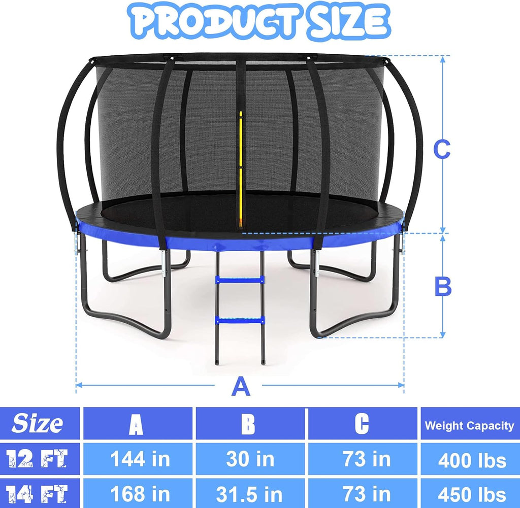 12FT 14FT Trampoline for Adults/Kids - Outdoor Trampoline with Basketball Hoop, Curved Poles, Enclosure Net and Ladder, Heavy Duty Recreational Trampoline, ASTM Approval