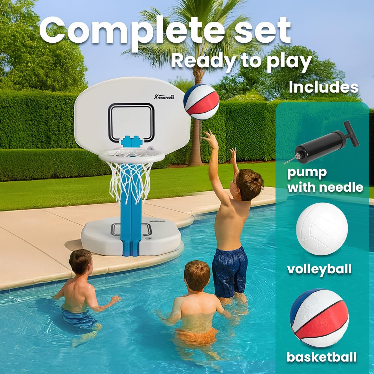 XtremepowerUS 2-in-1 Pool Volleyball Set & Basketball Hoop Combo for Swimming Pool, Includes Inflator Pump, Basketball & Volleyball, HDPE Materials, Adjustable Size, Durable Outdoor Sports Equipment