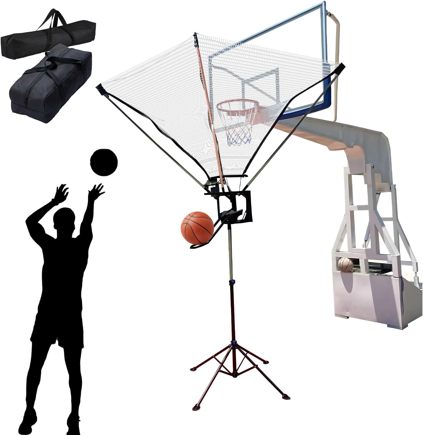 Upgraded Basketball Return Attachment, Adjustable Height Basketball Rebounder, Portable Shot Hoop Trainer with 180° Rotating Track, Rebounder Net Return System for Solo Play and Practice
