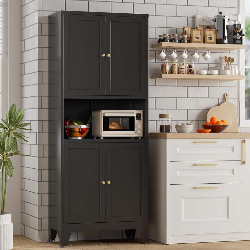 Bevivog Tall Pantry Cabinet with Microwave Shelf, 69' Metal Storage Cabinet with 4 Doors and Adjustable Shelves,Freestanding Metal Kitchen Hutch Cabinet, Black Pantry Closet Storage Shelves with Doors