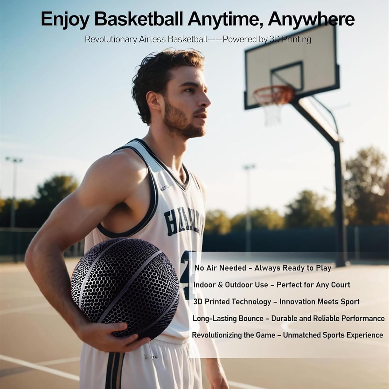 3D Printed Airless Basketball - No Pump Needed, Ultra-Quiet & High Bounce - Official Size 7 for Indoor & Outdoor Use (Black)