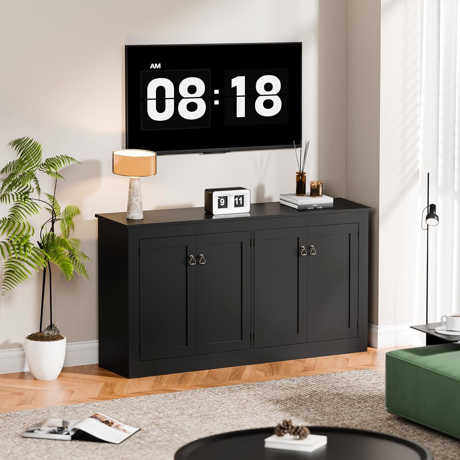 Cozy Castle Buffet Cabinet with Storage - Kitchen Storage Cabinet Wood Console Table Coffee Bar Accent Cabinets for Living Room Dining Room Entryway Black 57.5' W