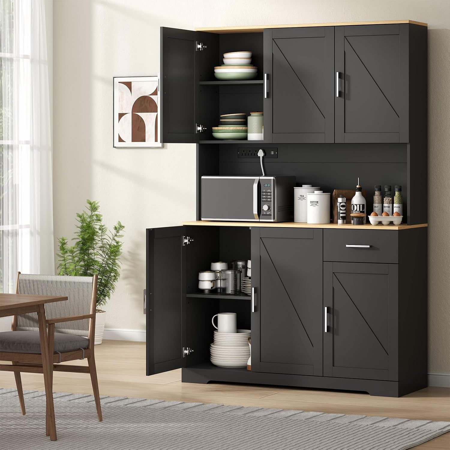 Gyfimoie 71'' Tall Kitchen Pantry Cabinet w/Power Outlet, Farmhouse Kitchen Storage Cabinet Freestanding Hutch w/Drawer, 4 Adjustable Shelf & 6 Doors for Dining (Black, 71''H x 40.24''W x15.28''D)