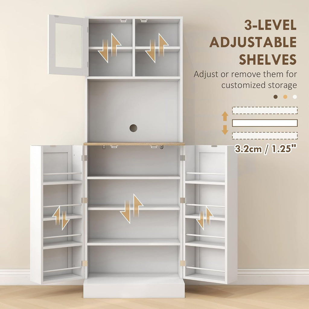 66' 8-Door & 5-Adjustable Freestanding Storage Cabinet, Kitchen Storage Bakers Rack with Microwave Stand, Utility Food Cupboard with Anti-tip Design for Kitchen Dining Areas, White