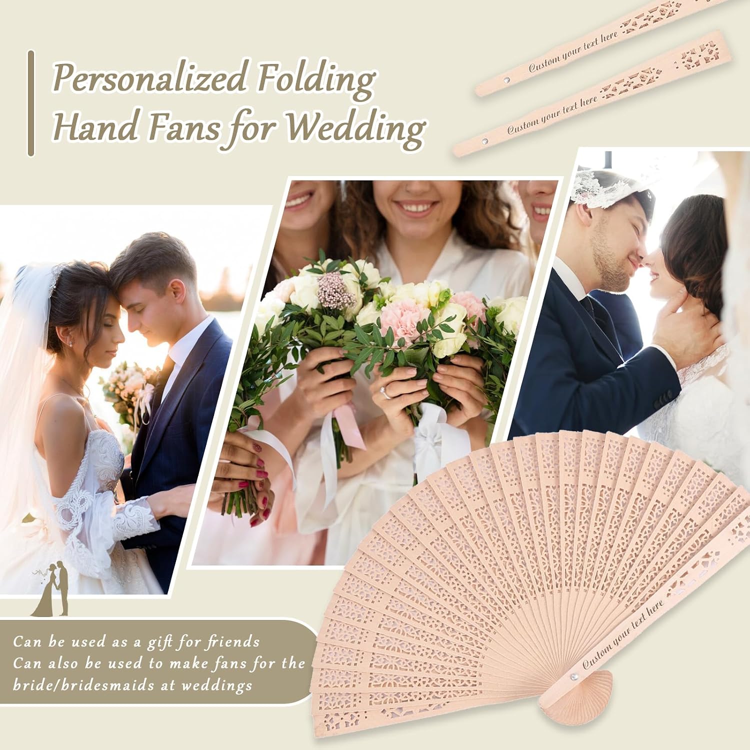 Custom Folding Hand Fan, Personalized Engraved Text Wedding Fans, Custom Wooden Fans Party Favor Bridal Shower Gifts for Guests Bulk 100 (100)