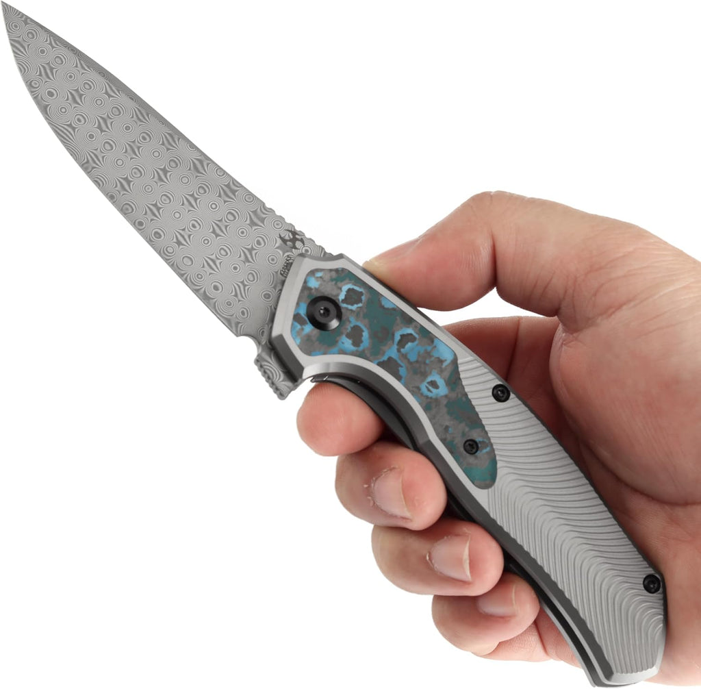 KANSEPT HAVØRN Pocket Folding Knives for Men Women Camping Hiking Folding Knife 3.48'' Damascus Blade Material Pocke Knife with Titanium Arctic Storm Fat Carbon Handle Everyday Carry K1069A3