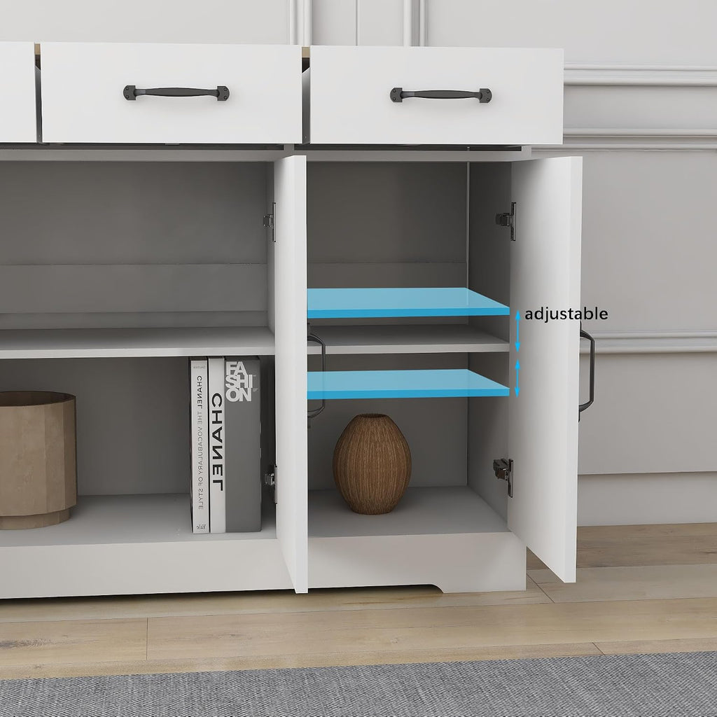 RASOO Sideboard Buffet Cabinet White Field Door Panel Kitchen Side Board Cabinet with Storage 3 Doors and 3 Drawers for Living Room, Kitchen (Grid Doors)