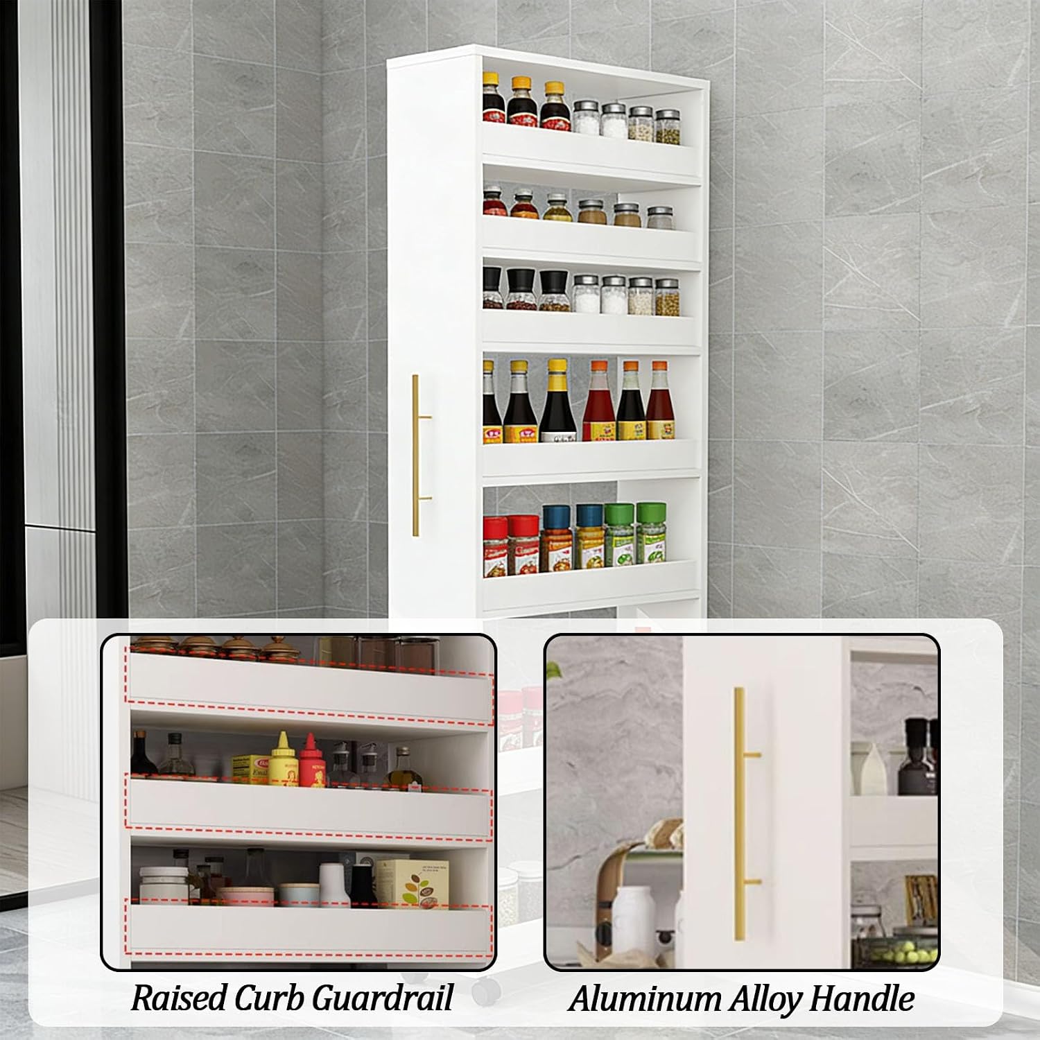7-Tier Slim Storage Cart, Wooden Rolling Pantry Cabinet with Wheels, Narrow Shelf Organizer for Kitchen, Bakers Rack, Dining Room, Closet,White,D19.7 xW7.9 xH73.2