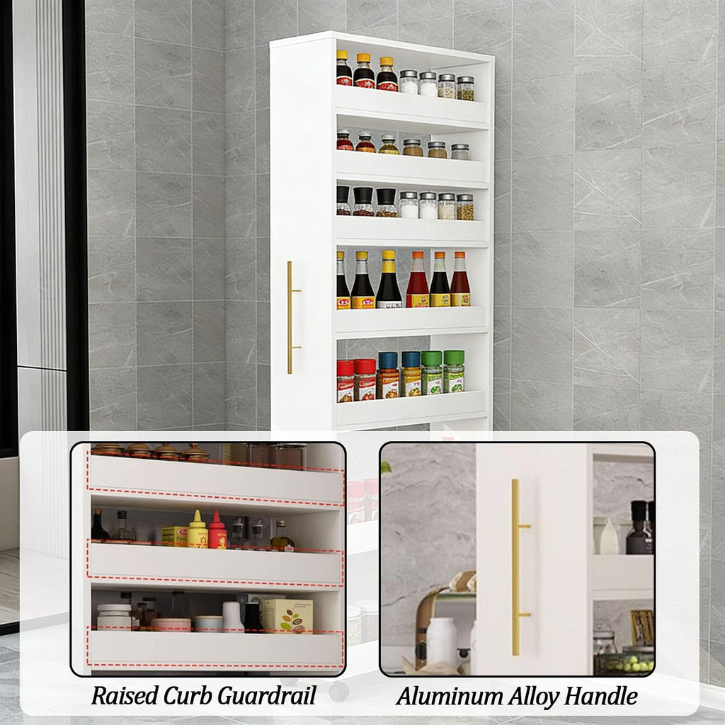 7-Tier Slim Storage Cart, Wooden Rolling Pantry Cabinet with Wheels, Narrow Shelf Organizer for Kitchen, Bakers Rack, Dining Room, Closet,White,D19.7 xW5.9 xH73.2