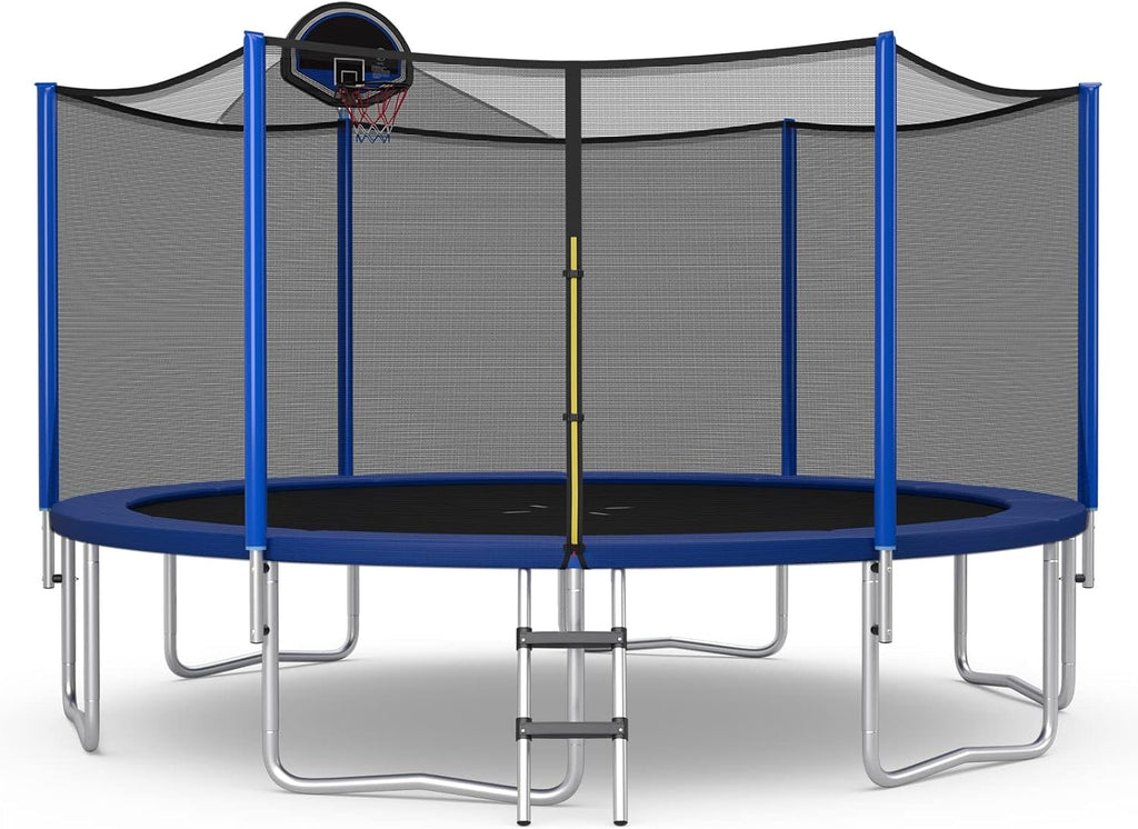 Giantex Trampoline, 12/14/15/16FT Outdoor Recreational Trampoline w/Enclosure Net, Non-Slip Ladder & Basketball Hoop, ASTM Approved, Combo Bounce Outdoor Trampoline for Adults Kids