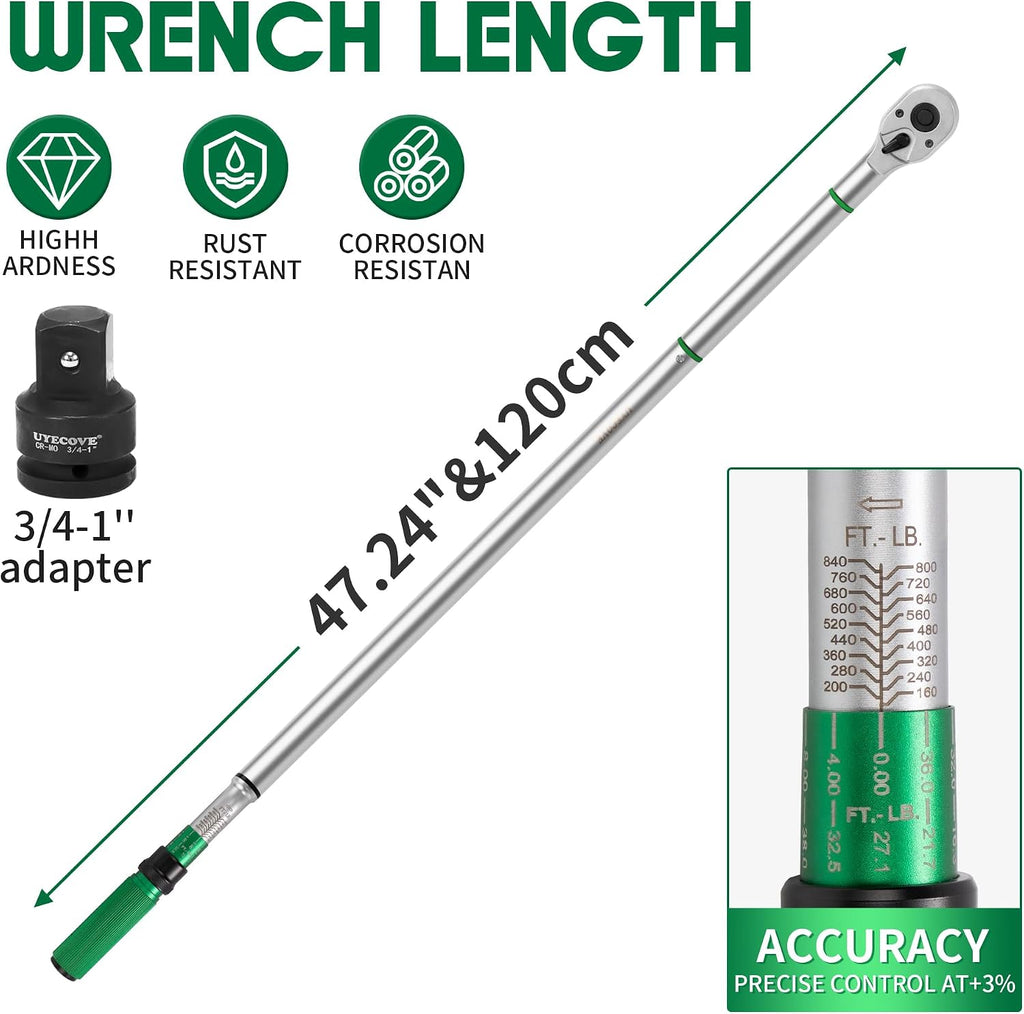 3/4-Inch Drive Click Torque Wrench, Dual-Direction Click Professional Torque Wrench 160-840FT.LB/135-815N.M, Dual Range Scales Graduated in FT.LB and N.M