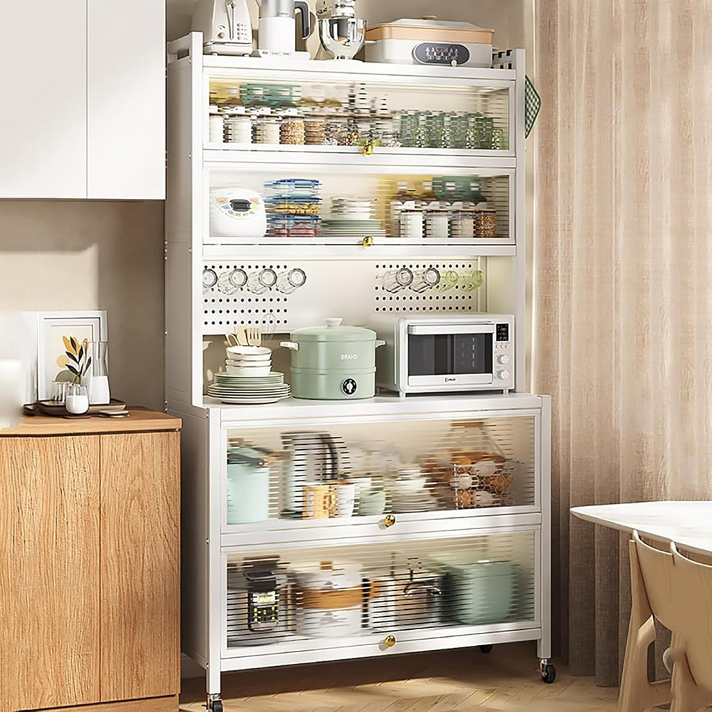 Kitchen Baker's Rack with Hooks, 6-Tier Metal Storage Cabinet, Floor Standing Coffee Bar, Table Organizer Cabinets with Wheels & Flip Door, Microwave Oven Stand,White,L 80cm/31.5'