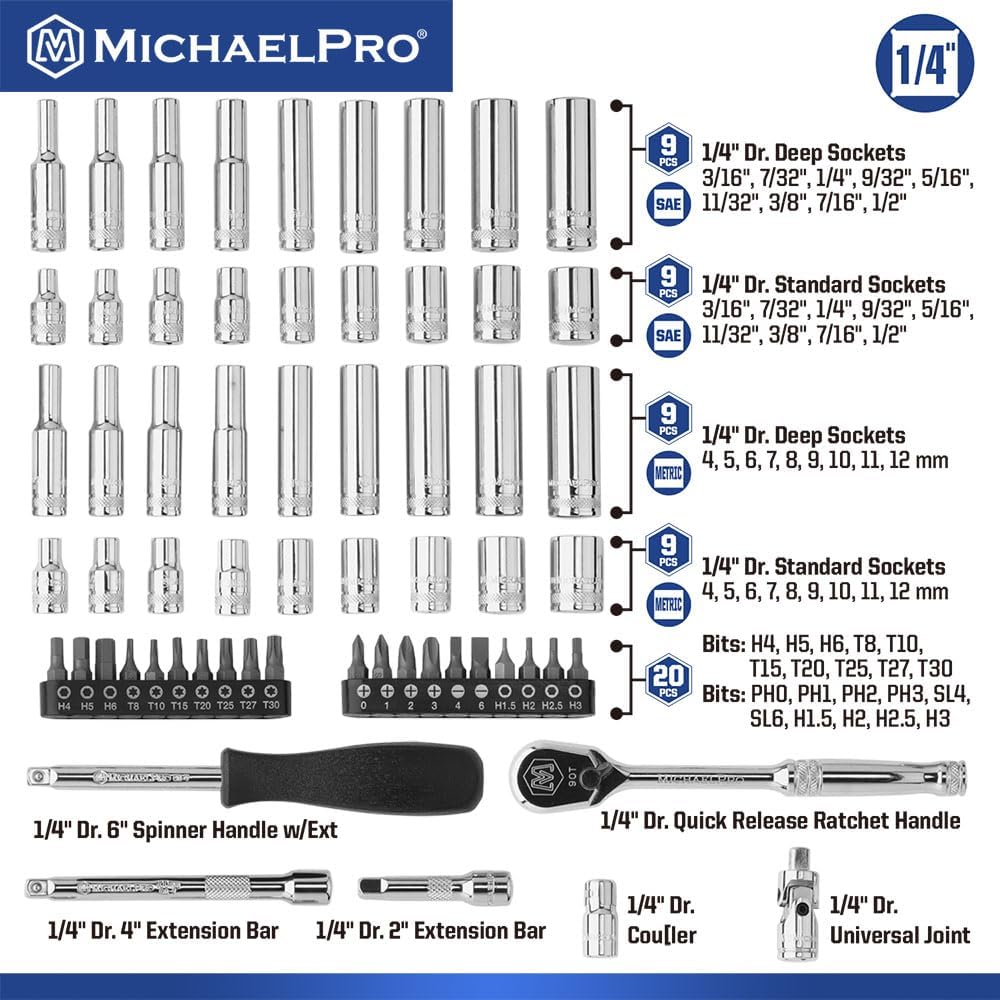 MichaelPro 62-Piece 1/4'' Dr. Socket Set, 90-Tooth Standard & Deep Sockets, SAE 3/16''-1/2'' & Metric 4-12mm, CR-V Steel, 6-Point Design, with Ratchet, Extensions, Spinner Handle, 1/4' Bits | MP005059