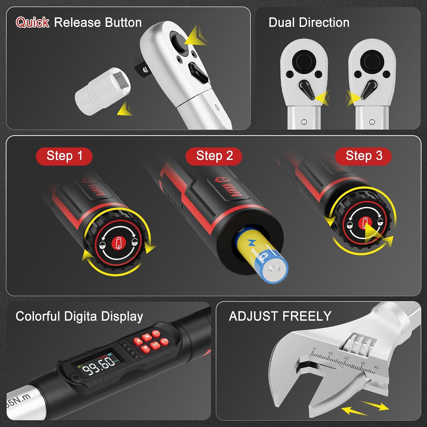 VANPO Adjustable Digital Torque Wrench, 5-99.6Ft.lb/6.8-135Nm, ±2% Accuracy, HVAC Torque Wrench with Interchangeable 38mm Jaw & 1/2' Ratchet, Buzzer, Vibration and LED Alert for Split AC, Moto, Car