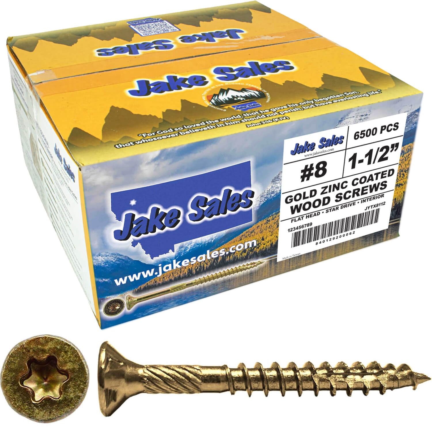 Jake Sales #8 x 1-1/2' Gold Star Wood Screw Torx/Star Drive Flat Head (Full Box - 6500 Screw Count) - Multipurpose Torx/Star Drive Wood Screws