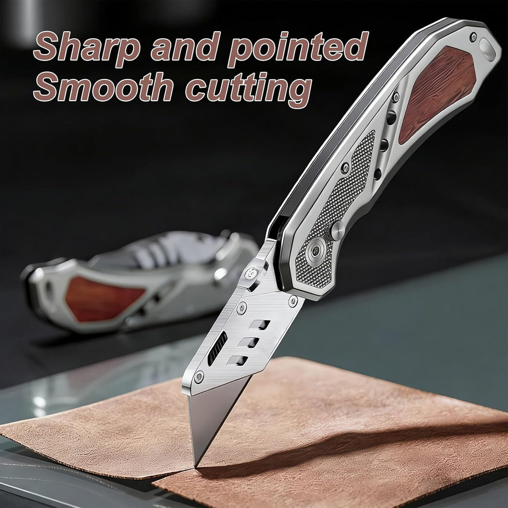 Box Knife with Belt Clip, Heavy Duty Box Cutter for Cartons,Carpet and Leather, with Wood Handle and Extra 11 SK5 Blades(*3)