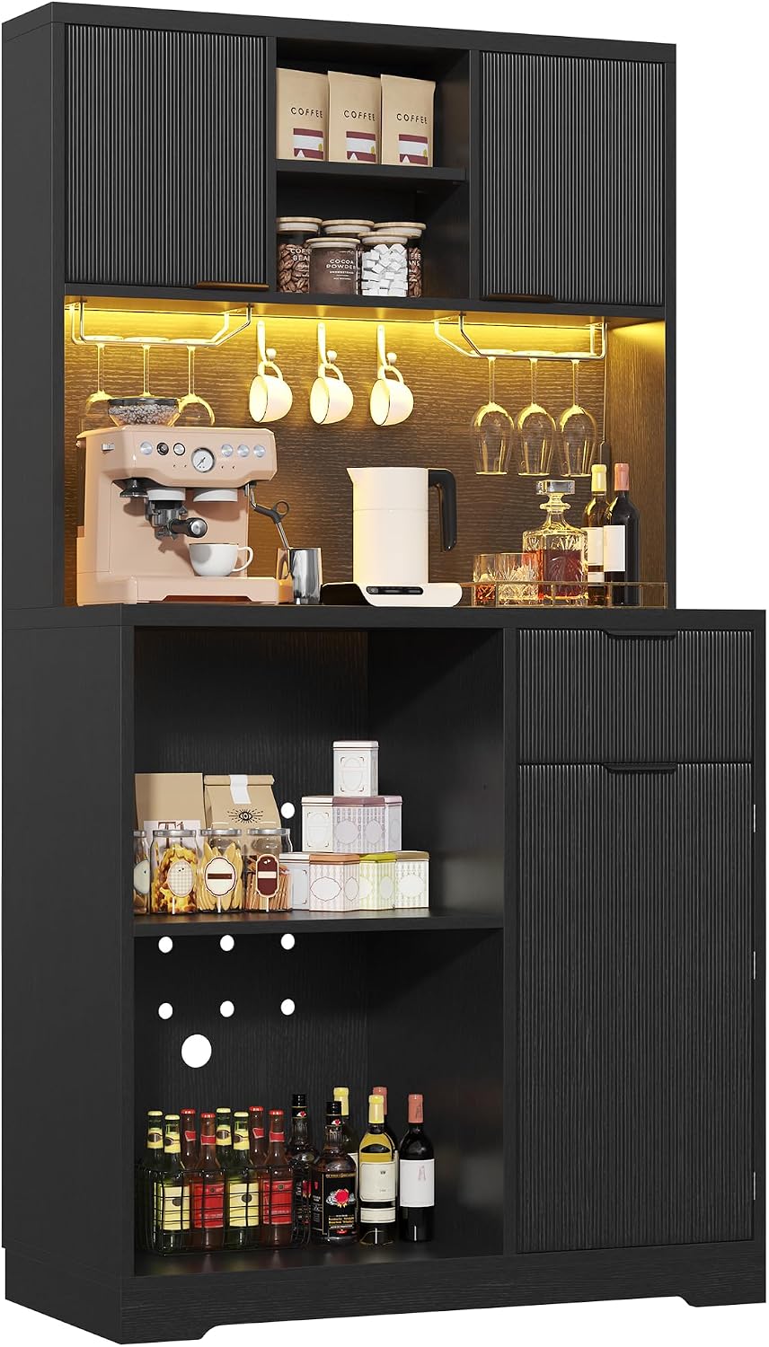 kepptory 72' Mini Fridge Cabinet with Storage, Coffee Bar Cabinet with Mini Fridge, Tall Coffee Bar Station with RGB LED Light, Wine Glass Holder, for Home Kitchen Living Room, Black