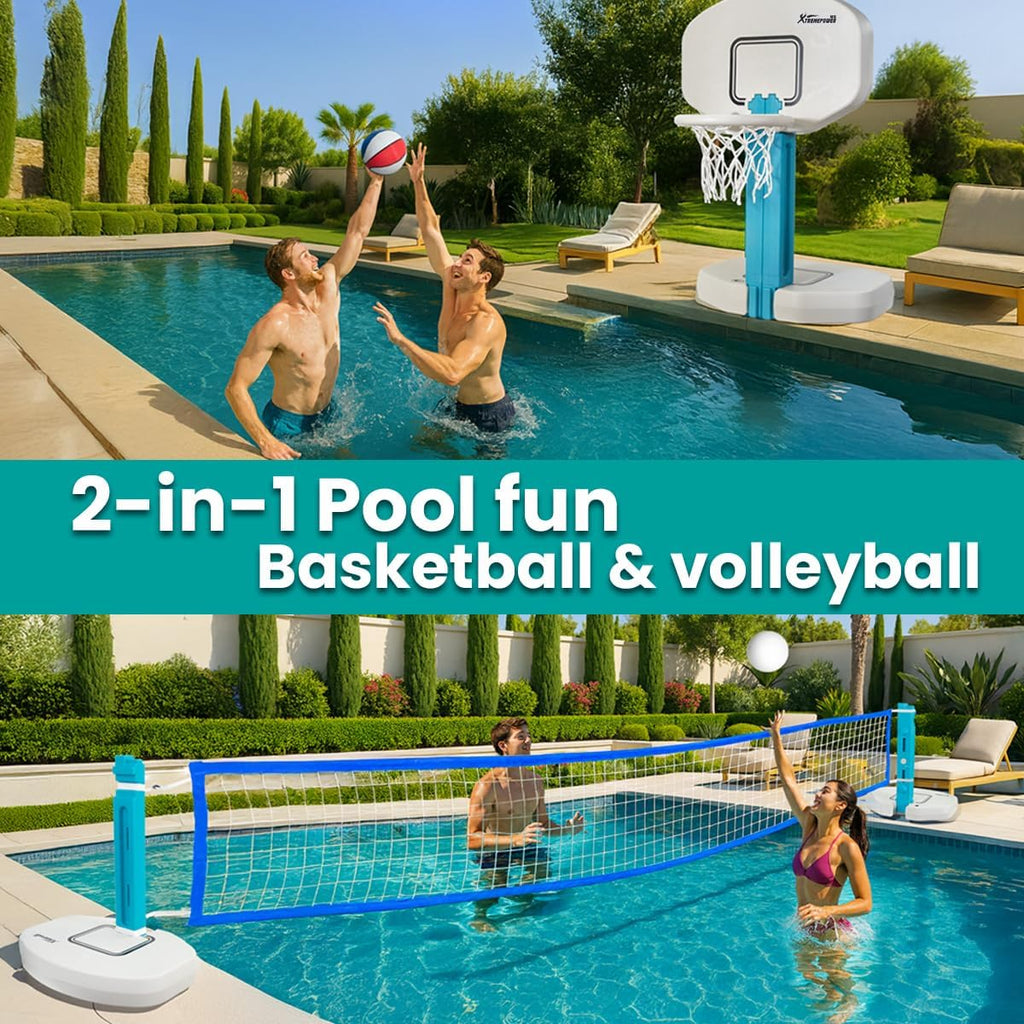 XtremepowerUS 2-in-1 Pool Volleyball Set & Basketball Hoop Combo for Swimming Pool, Includes Inflator Pump, Basketball & Volleyball, HDPE Materials, Adjustable Size, Durable Outdoor Sports Equipment