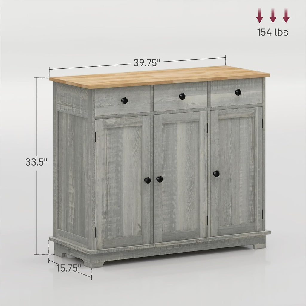 HOMCOM Sideboard Buffet Cabinet with Solid Wood Countertop, Modern Kitchen Storage Cabinet, Coffee Bar Cabinet with 3 Drawers, Doors and Adjustable Shelf, Distressed Light Gray