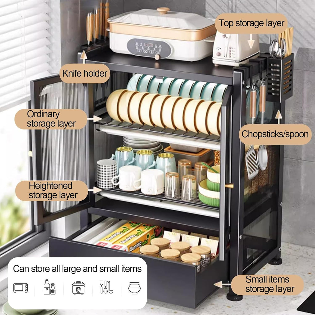 Dish Drainers,Kitchen Countertop Dish Drying Rack with Drawers, Bakers Rack and Microwave Stand Storage Cabinet for Kitchen Organization(A)