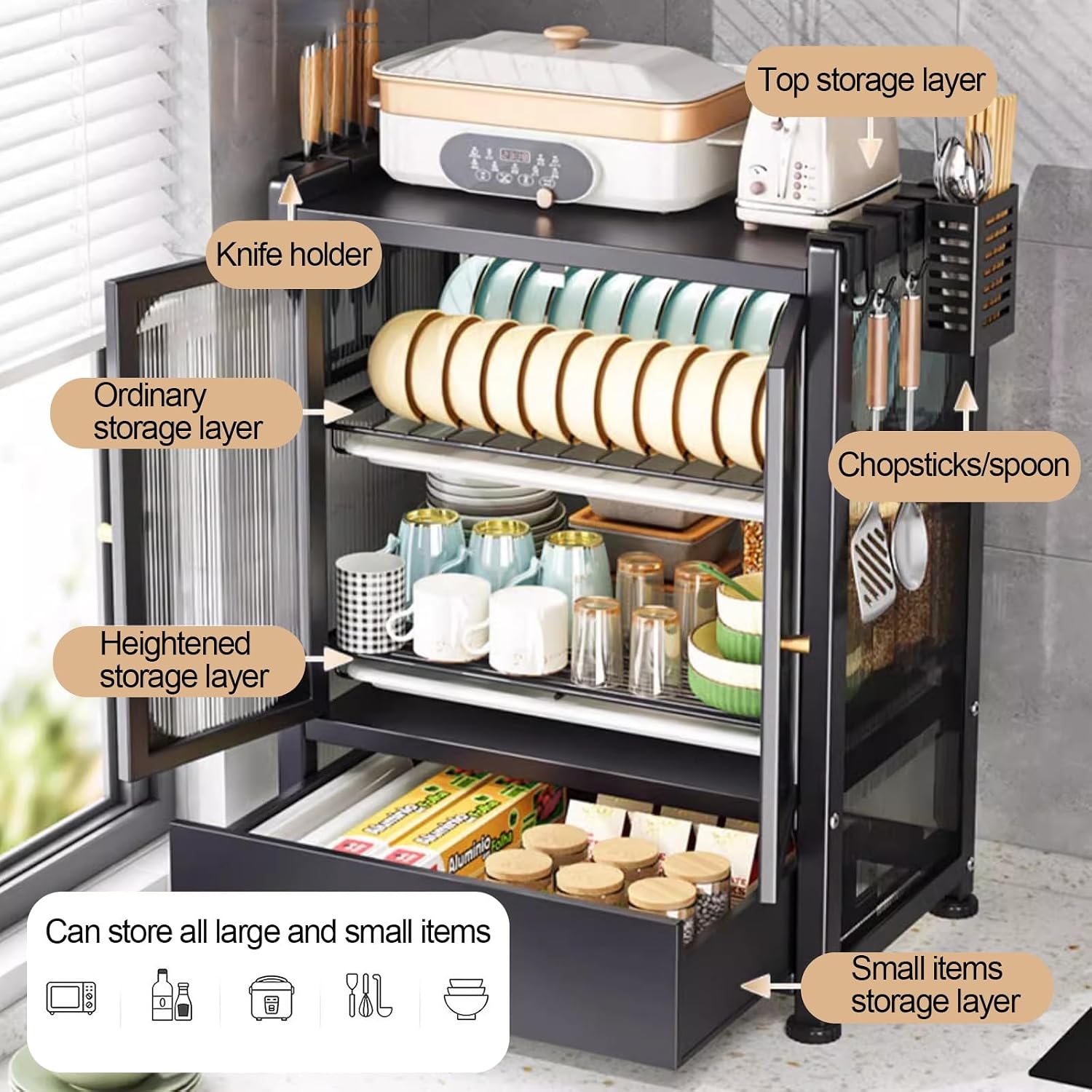 Dish Drainers,Kitchen Countertop Dish Drying Rack with Drawers, Bakers Rack and Microwave Stand Storage Cabinet for Kitchen Organization(A)