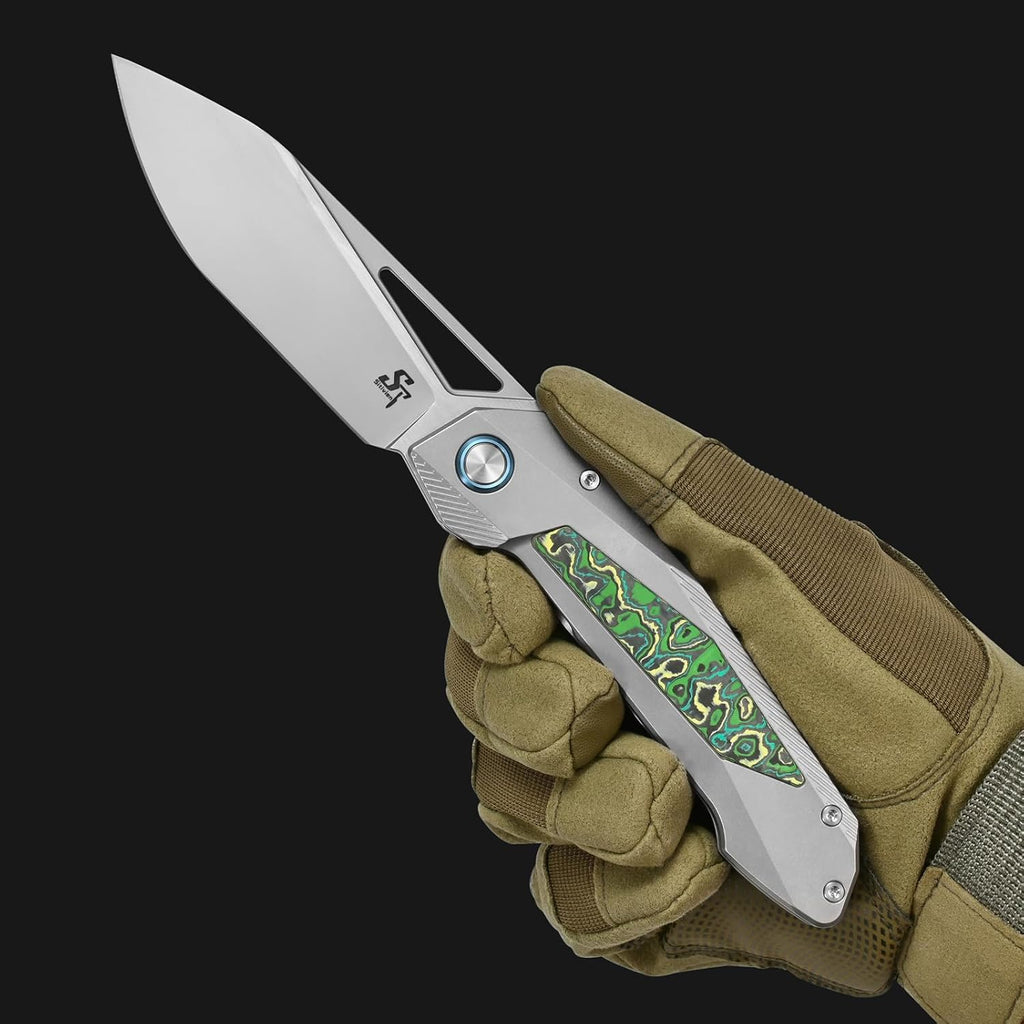 Sitivien ST666 Folding Knife,Handmade M390 Pearlescent Polishing Blade,Titanium & Colorful Carbon Fiber Handle Pocket Knife EDC Tool Knifes for Outdoor Camping,Hiking,Hunting(Green)