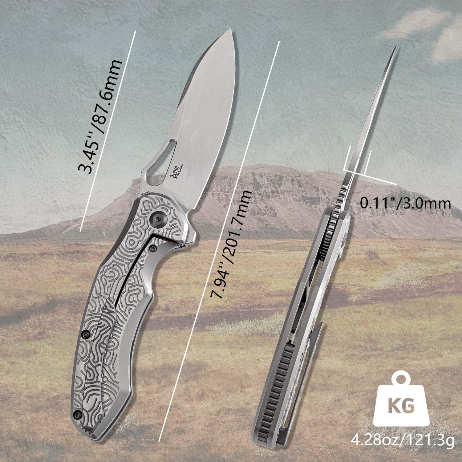 KANSEPT Echis Pocket Folding Knives for Men Women Camping Hiking Folding Knife 3.45'' Stonewashed CPM S35VN Blade Pocket Knife with Textured beadblasted Titanium Handle Everyday Carry K1071A3