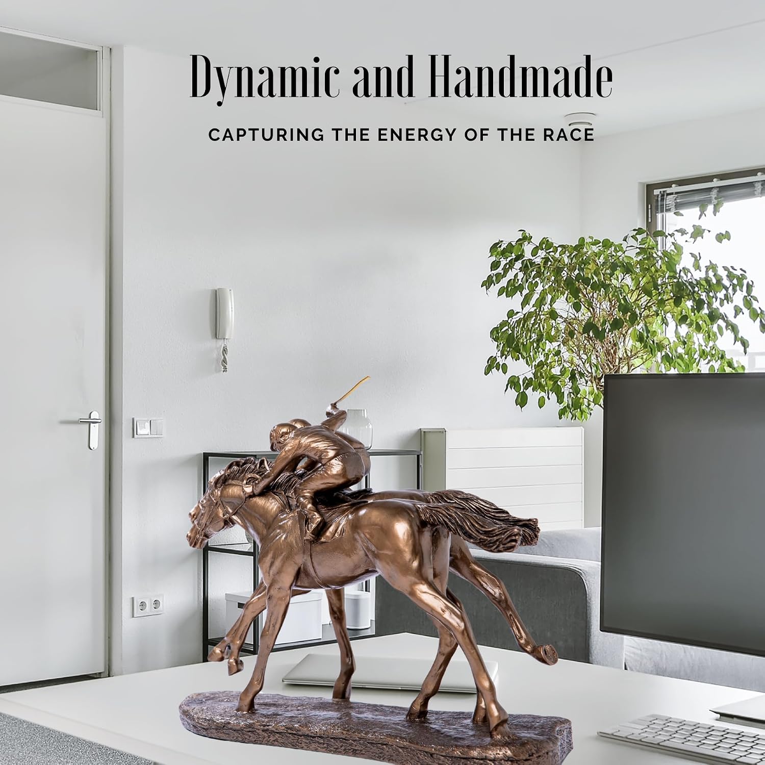 Modern Jockeys Horse Racing Bronze Resin Sculpture - Sleek Equestrian Art, Handmade Home Decor, Unique Gift for Horse Racing Fans, Sports Art Collectors-11.8 x 5.1 x 9.8 in (Bronze)