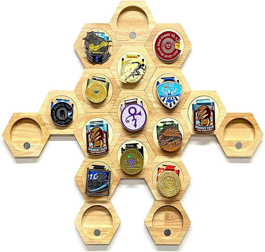 Hexagonal Medal Display Frame 24Pcs/Set Wood Medal Hanger Display Box Punch-Free Creative Stitching Sports Medal Holder, for Military/War/Sports Medal,18PCS